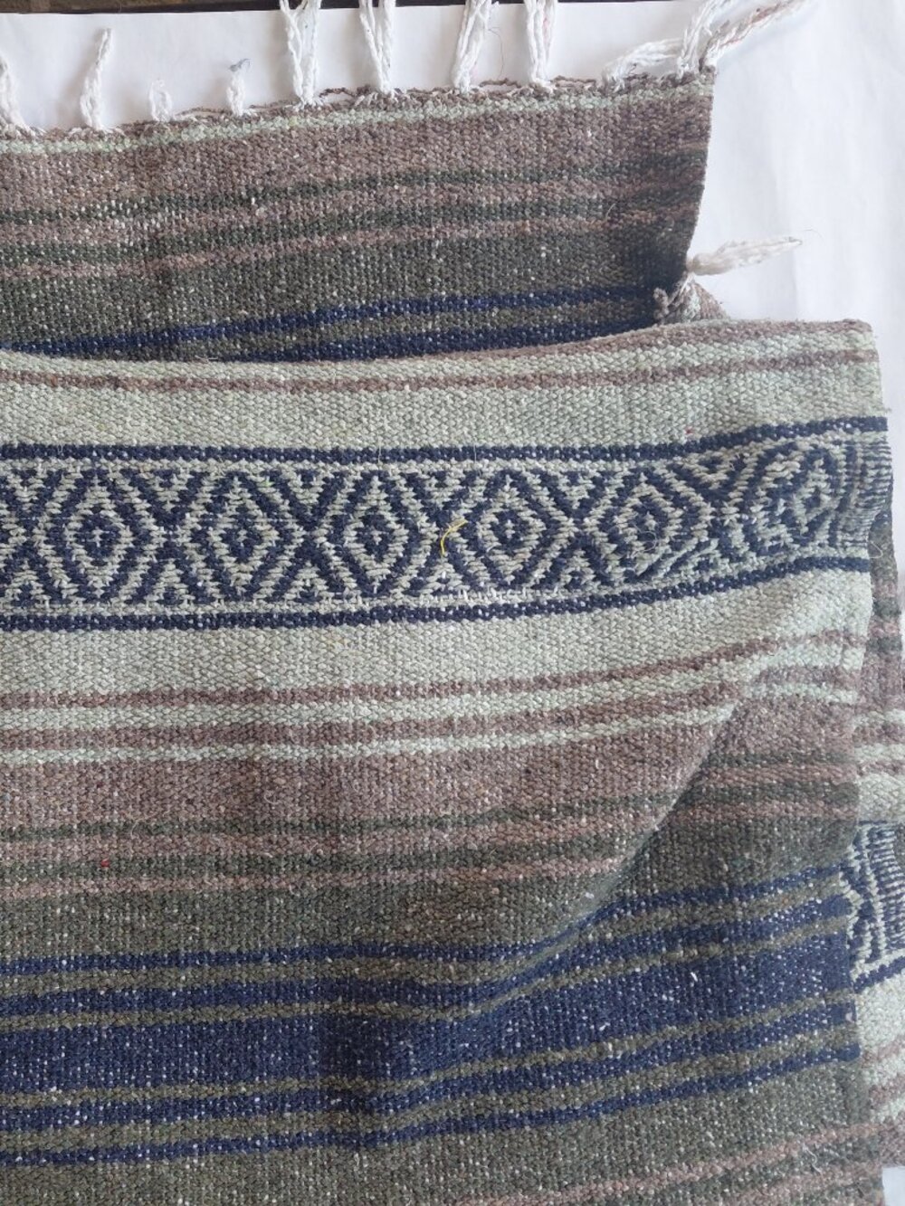Mexican Serape Yoga Blanket | Olive Green Brown & Navy Woven Throw with White